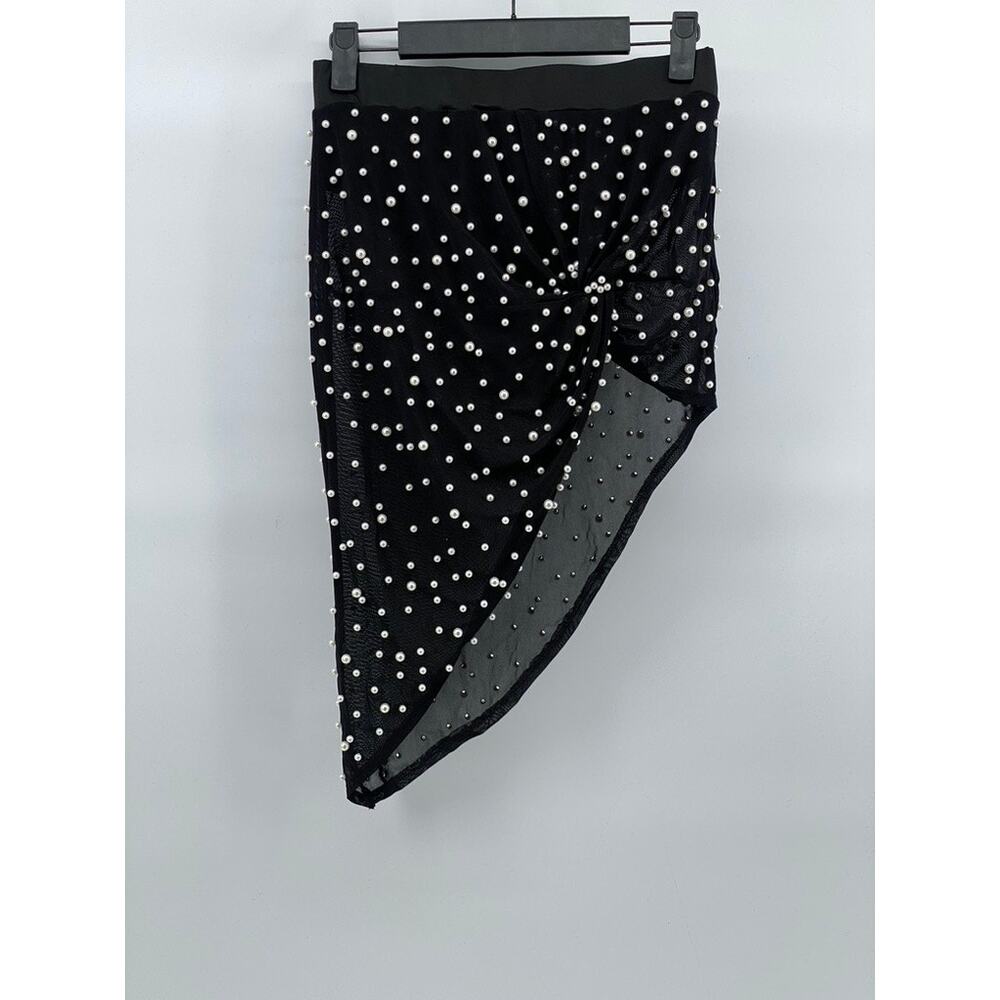 12th Tribe Black Asymmetrical Mini Skirt with Pearl Embellishments